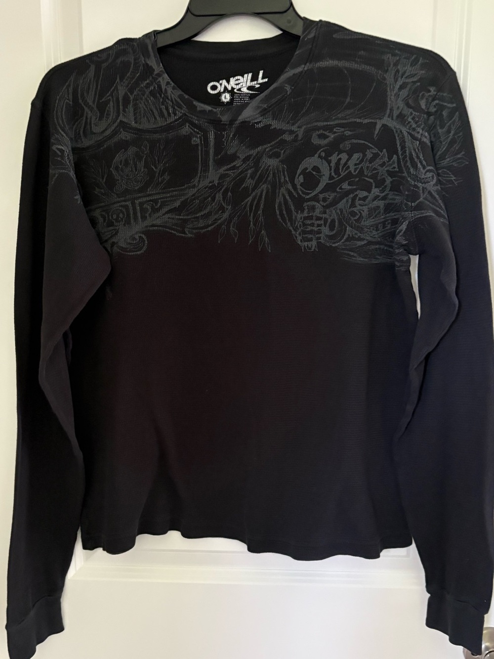 ONEIL MENS Black Graphic Crewneck Waffle Knit Long Sleeve Tee SIZE LARGE